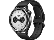 Une montre intelligente noire avec un cadran blanc affichant la date et l'heure. Bracelet noir.