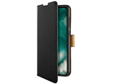 Charger l&#39;image dans la galerie, Un étui de téléphone noir est ouvert, montrant l&#39;écran du téléphone. L&#39;étui a une fermeture marron.
