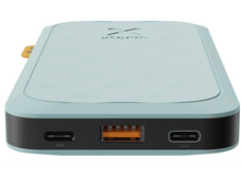 Charger l&#39;image dans la galerie, Batterie externe bleu clair. Forme rectangulaire avec bords noirs. A un écran et des ports.
