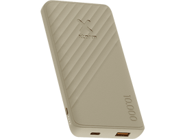Une batterie externe Xtrom beige avec une surface texturée et des accents orange.
