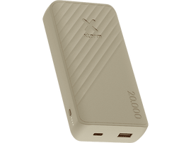 Power bank beige sur fond noir, avec logo 