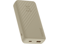 Power bank beige sur fond noir, avec logo 'xstorm' et détails de capacité.