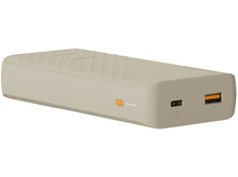 Charger l&#39;image dans la galerie, Une batterie externe beige avec une surface texturée. Comprend des ports de charge orange et un indicateur d&#39;alimentation.
