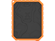 Une batterie externe robuste noire et orange avec une surface texturée et quatre voyants lumineux.
