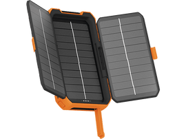 Batterie solaire, orange et noir, avec deux panneaux solaires ouverts.
