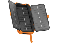 Batterie solaire, orange et noir, avec deux panneaux solaires ouverts.