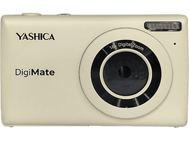 Appareil photo numérique Yashica DigiMate crème, fond noir.