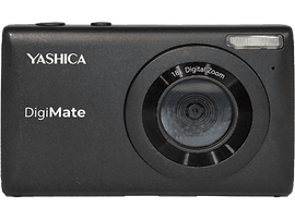 Appareil photo Yashica DigiMate noir, objectif au centre, avec flash à droite.