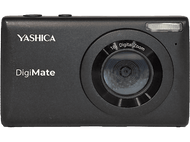 Appareil photo Yashica DigiMate noir, objectif au centre, avec flash à droite.