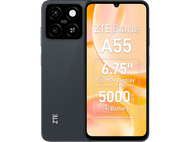 Smartphone ZTE Blade A55. Le téléphone est noir. L'écran affiche des informations sur le téléphone.