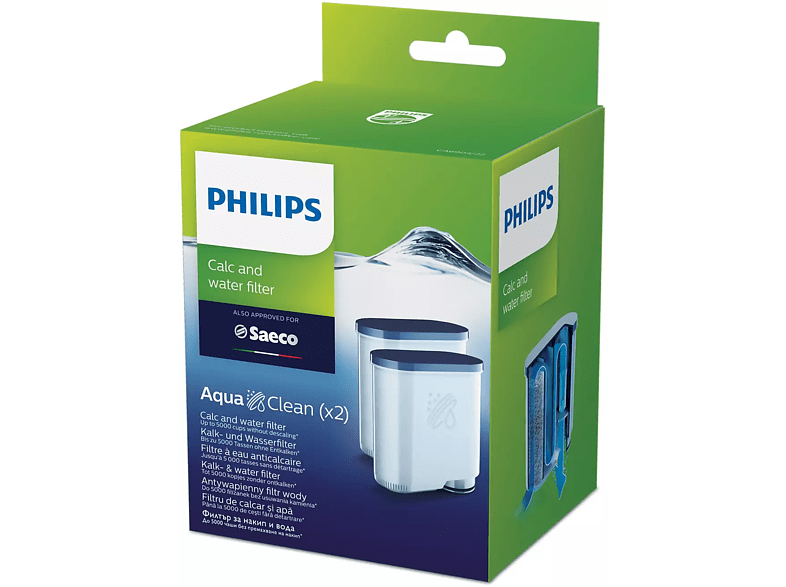 Philips Filtre à eau et à calcaire, Correspond à la référence CA6903/01,  Pas de détartrage jusqu'à 5 000 tasses*, Prolongez la durée de vie de la  machine, 2 filtres AquaClean (CA6903/22) 